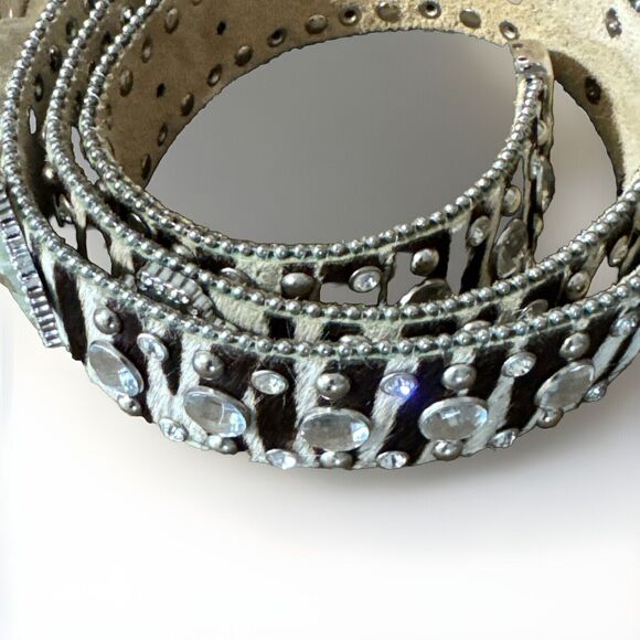 Nocona Zebra Print Leather Belt Hair-on Studded Rhinestone Western Sz XL 44” main image 9